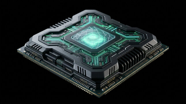 Central processing unit with glowing green circuitry and metallic heat sink