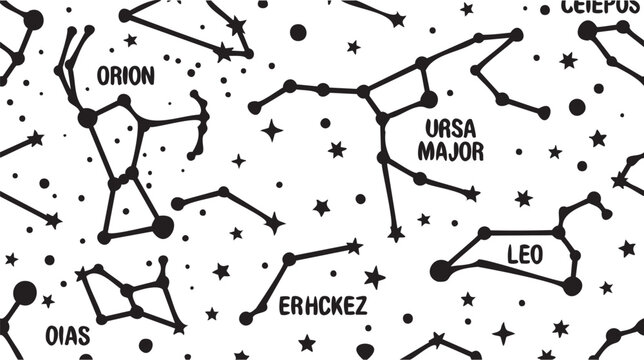 Seamless Black Star Constellation Pattern with Celestial Labels, Vector Cosmic Sky Background for Astrology and Space Design