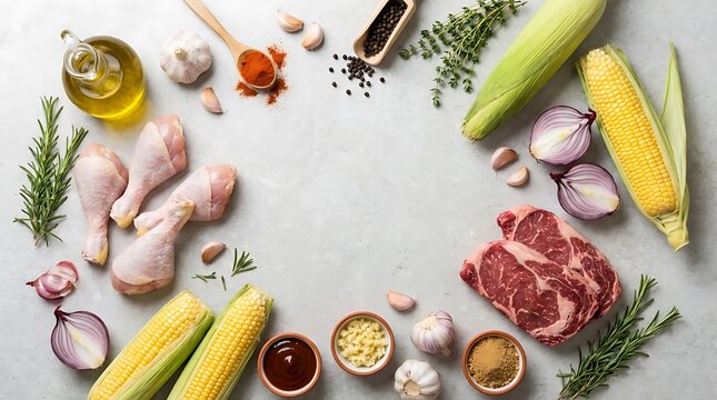 Raw chicken meat corn and fresh vegetables arranged as a food frame on a grey kitchen table. BBQ Recipe Inspiration