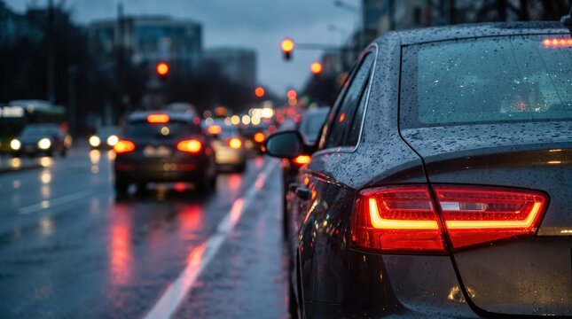 Vehicle Waiting at a Red Signal on a Rainy Urban Road at Night Illustrating Challenging Traffic Conditions