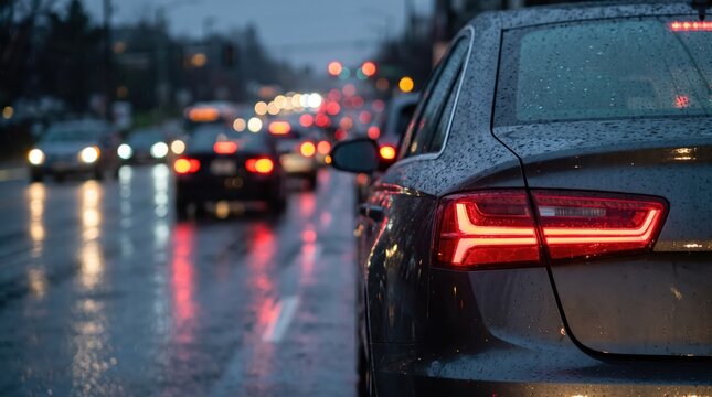 Vehicle Waiting at a Red Signal on a Rainy Urban Road at Night Illustrating Challenging Traffic Conditions