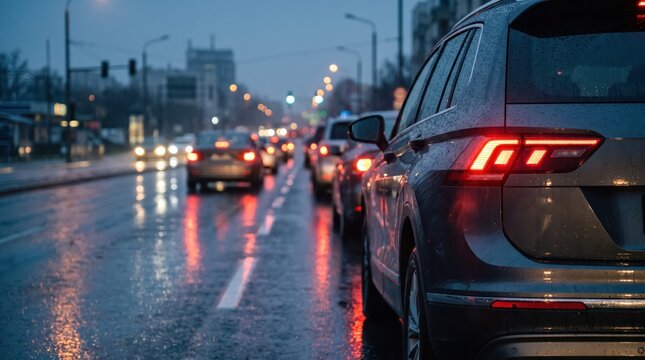 Vehicle Waiting at a Red Signal on a Rainy Urban Road at Night Illustrating Challenging Traffic Conditions
