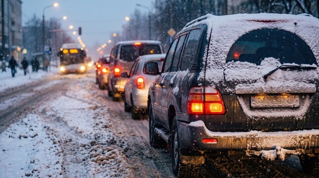 Car Waiting at a Red Traffic Signal on a Snow-Covered City Street at Night in Winter Driving Conditions