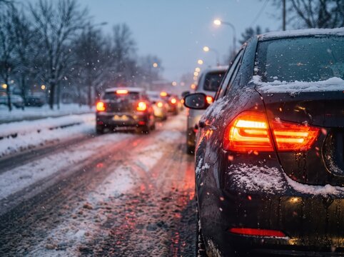 Car Waiting at a Red Traffic Signal on a Snow-Covered City Street at Night in Winter Driving Conditions