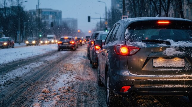 Car Waiting at a Red Traffic Signal on a Snow-Covered City Street at Night in Winter Driving Conditions
