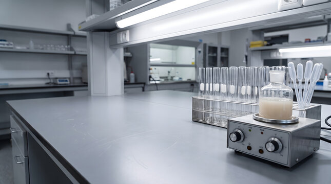 Modern research laboratory interior with cellulase solution in flask, test tubes, and magnetic stirrer setup