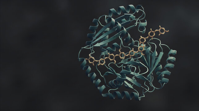 3D rendering of cellulase enzyme molecular structure with a bound substrate chain for biotechnology research
