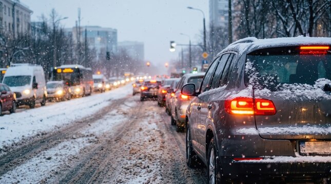 Car Waiting at a Red Traffic Signal on a Snow-Covered City Street at Night in Winter Driving Conditions