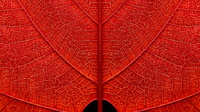a vibrant red leaf reveals intricate vein patterns. The leafs texture is smooth and glossy, with a deep red hue that contrasts sharply with the lighter background.