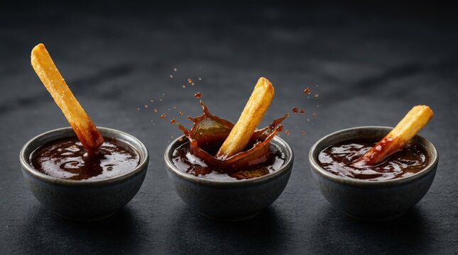 French fries dipping into glossy sauce in sequential motion