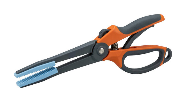 Kitchen tongs gripper with orange handles and blue textured jaws isolated on transparent background