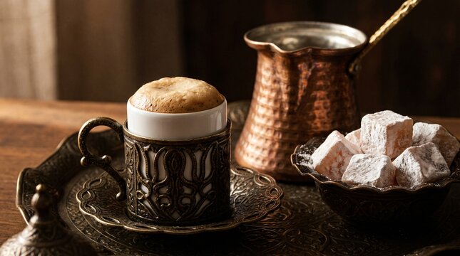 Traditional Turkish coffee in a vintage cup served with a copper pot and powdered Turkish delight.