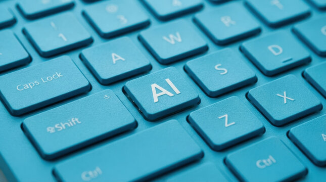 Close up view of bright blue computer keyboard featuring special key with artificial intelligence symbol for typing commands.