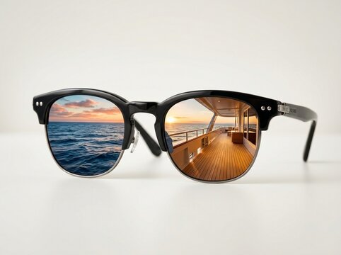 Classic tortoiseshell sunglasses reflecting cruise sunset and open sea.