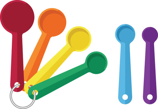 Rainbow Measuring Spoons Plastic Vector Set with Metal Ring Holder Featuring Colorful Kitchen Baking Utensils for Culinary Recipes and Cooking Guide Blog Designs