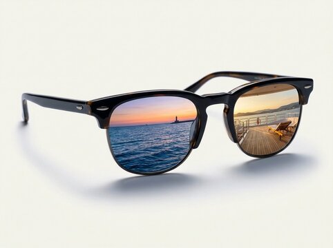 Sunglasses displaying a lighthouse sunset and luxury yacht deck views.