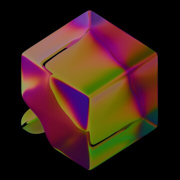 Abstract iridescent cubes with fluid reflections.