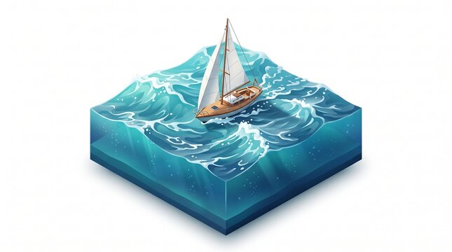A 3D isometric sailboat on small wave platform with depth shading &mdash; 3D isometric dimensional style