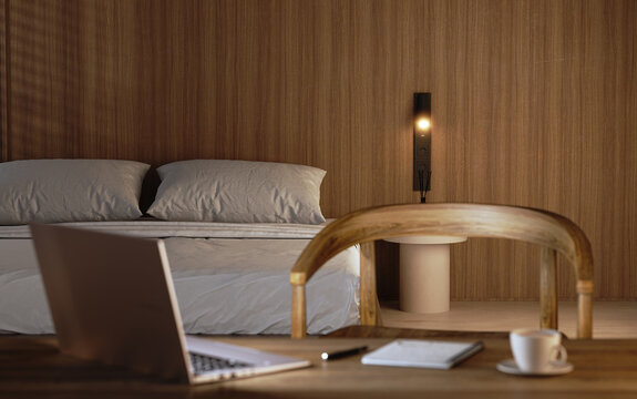 Bedroom interior with workdesk with laptop, 3d render