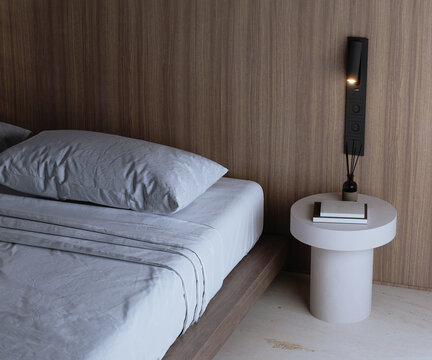 Minimalist bedroom with white bedding and wooden wall paneling, 3d