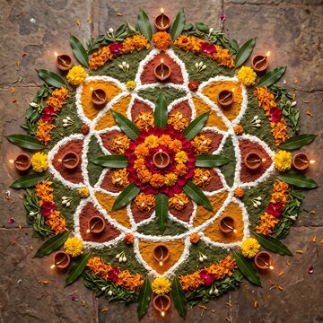 Traditional Diwali rangoli design with colorful flowers petals and