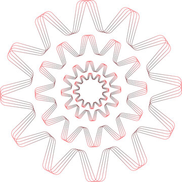 Abstract linear geometric rosette pattern with concentric red and black starbursts