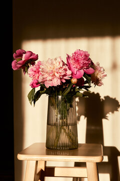Pink peony bouquet in glass vase on wooden stool with dramatic sunlight