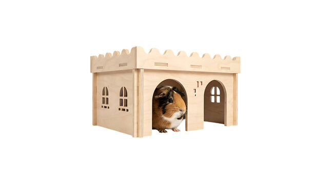Guinea pig inside a wooden castle hideout isolated on a transparent