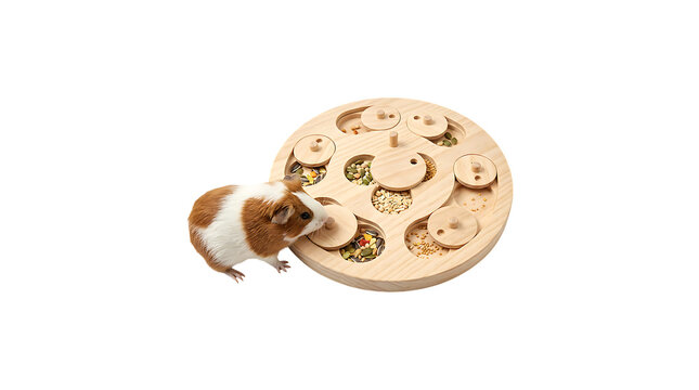Guinea pig playing with wooden puzzle toy filled with seeds for pet