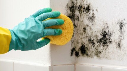 Fototapeta premium Person cleaning toxic black mold fungus on domestic white wall using yellow sponge. Household remediation process. Professional disinfection service presentation, home hygiene maintenance template.