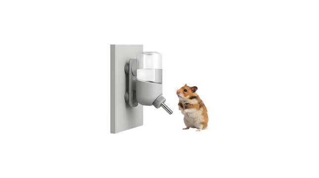 Cute hamster standing near a small pet water bottle isolated on