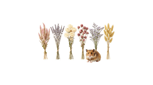 Cute hamster sitting next to small dried flower bouquets isolated on