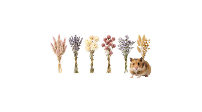 Cute hamster standing next to a row of small dried flower bouquets
