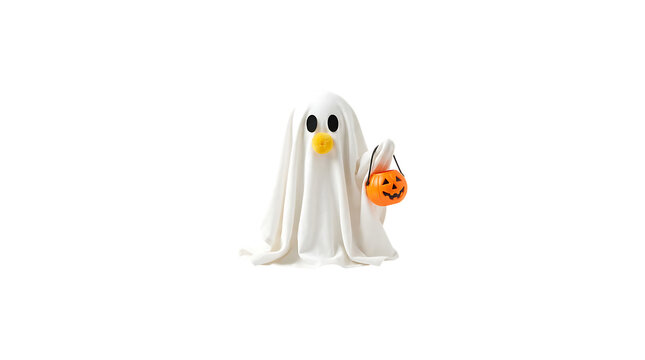 Cute ghost costume holding a halloween pumpkin candy bucket isolated