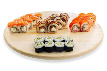 Assorted sushi rolls with salmon, avocado, cucumber, rice, and seaweed arranged on a round wooden serving board isolated on white for food presentation © Кирилл Горшков
