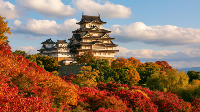 a traditional Japanese castle situated atop a hill, surrounded by a dense forest of vibrant autumn foliage in red, orange, yellow, and green hues. The castle has a multitiered.