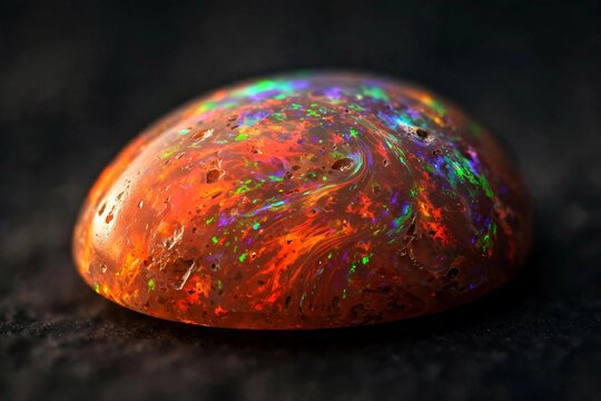 Polished fire opal gemstone macro, vivid play-of-color on a dark background