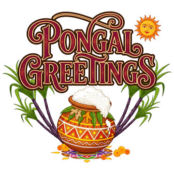 Pongal Greetings Burgundy Typography with Sugarcane and Pot