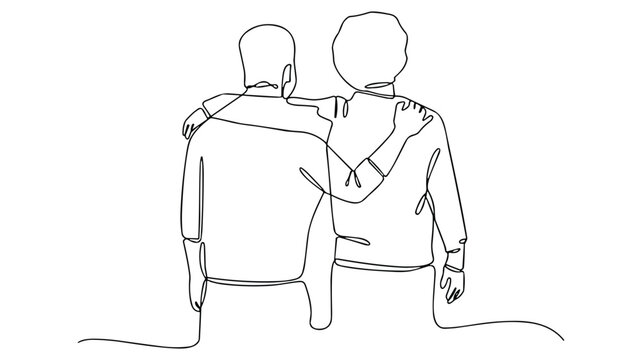 Continuous line of two people standing side by side with arms around each other, representing friendship and support on white background