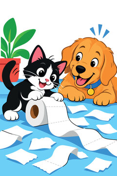 Pets playing with toilet paper creating a mess