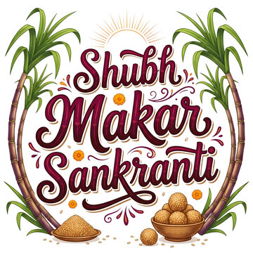 Shubh Makar Sankranti Burgundy Lettering with Sugarcane