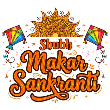 Shubh Makar Sankranti Orange Calligraphy with Sun Mandala