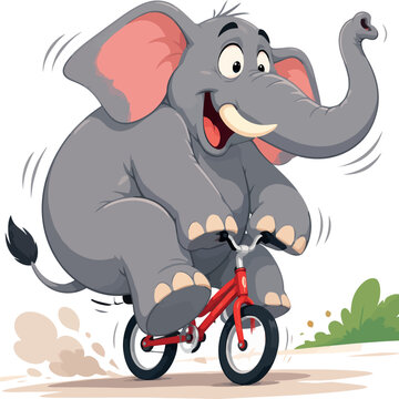Happy elephant riding red bicycle fast and smiling