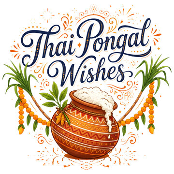 Thai Pongal Wishes Blue Calligraphy with Pot and Marigold