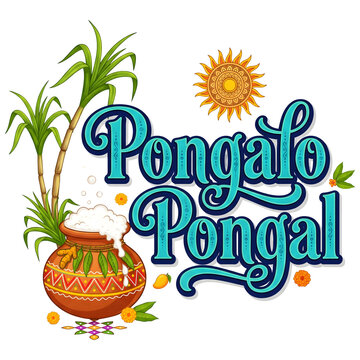 Pongalo Pongal Cyan Lettering with Pot and Sugarcane