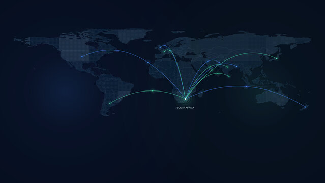 Dotted world map with glowing flight routes converging on South Africa, international cricket tournament travel background with copy space