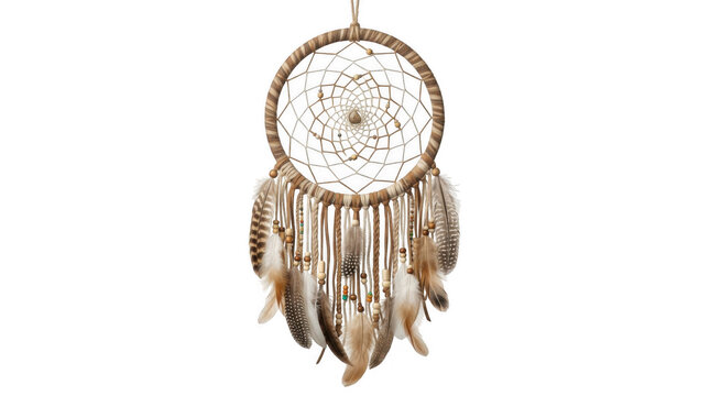 Boho dream catcher with feathers and beads, handmade wall hanging decor isolated on transparent background
