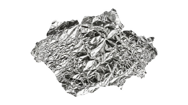 Crumpled aluminum foil sheet with shiny wrinkled silver metallic texture isolated on transparent background