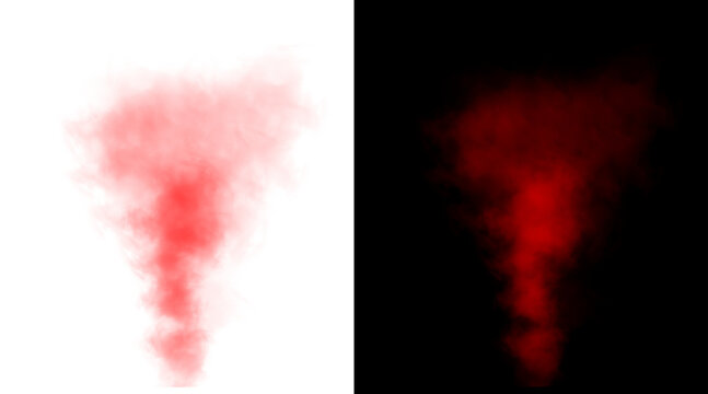 Red smoke cloud effect on white and black backgrounds, atmospheric crimson mist texture, vibrant red steam puff for graphic design overlays