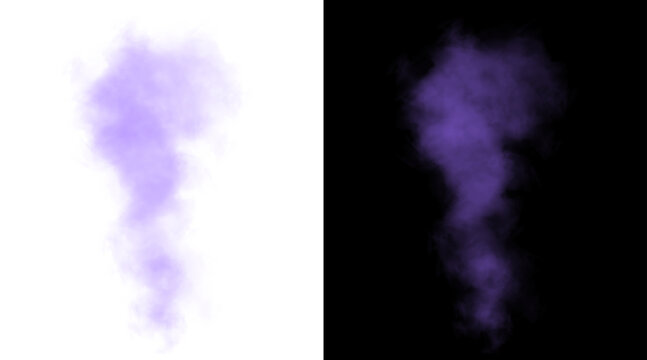 Purple smoke cloud on white and black backgrounds, ethereal violet vapor mist for design overlays, atmospheric purple smoke texture, colorful steam effect